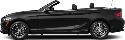 Side profile of a black convertible with alloy wheels and roof down.