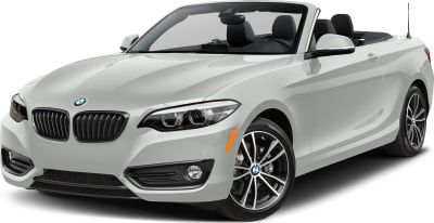 Front and side view of a modern convertible with soft top down