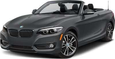 Convertible front view with sleek headlights and alloy wheels