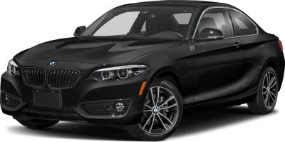 Black coupe front and side view with prominent grille and alloy wheels