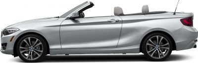 Silver convertible with open roof and sporty two-door side profile