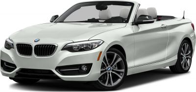 Front angled view of convertible with open roof and kidney grille