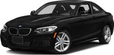 Front angle of black coupe with kidney grille and alloy wheels