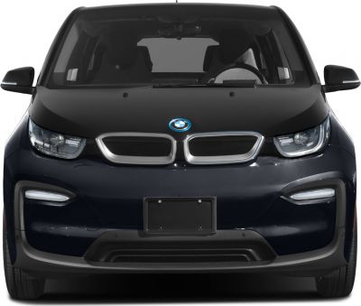 Front view of electric compact with kidney grille and distinctive headlights