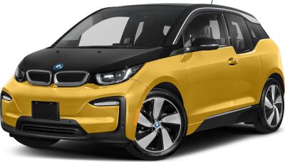 Front-side view of electric compact hatchback with distinctive alloy wheels