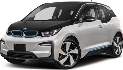 Front-side view of an electric hatchback with aerodynamic wheels and bi-color paint.