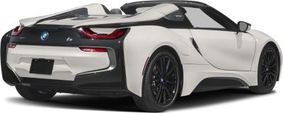 Rear and side view of a convertible with black alloy wheels
