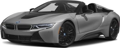 Silver hybrid sports convertible with black wheels, front and side view.