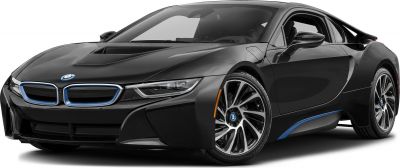 Front and side view of black aerodynamic coupe with LED headlights and sporty wheels