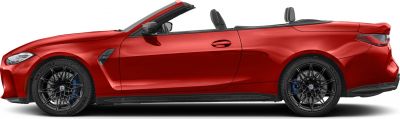 Red convertible side view with black rims and open roof