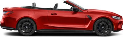 Red convertible with black multi-spoke wheels and open roof