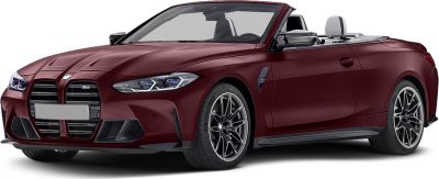 Front view of maroon convertible with open roof and distinctive grille