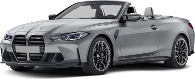 Front view of open roof sporty convertible with distinctive grille and alloy wheels