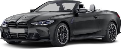 Front side view of convertible with open roof and sporty grille