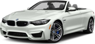 Front angled view of white convertible with open roof and sporty wheels