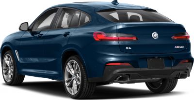 Rear-side view of a coupe SUV with sleek taillights and dual exhausts