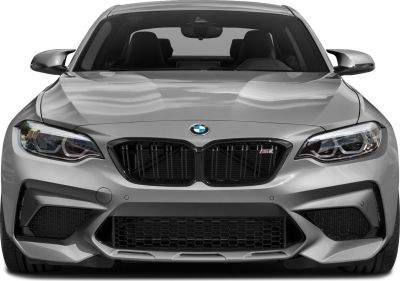 Close-up of BMW aggressive front fascia with kidney grille and headlights