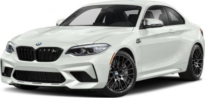 Front view of BMW M2 coupe with black kidney grille and sporty wheels