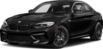 Front and side view of a sporty black coupe with distinctive alloy wheels