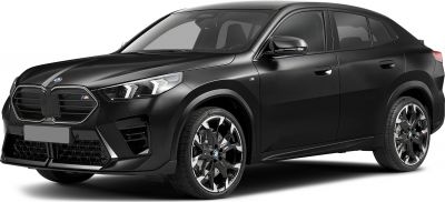 Close-up front-side view of a black SUV with LED headlights and sporty M-style wheels