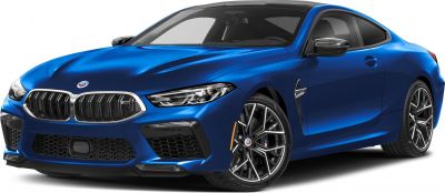 Aggressive front grille and sharp LED headlights on a blue coupe