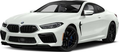 Front view of white coupe with black kidney grilles and LED headlights