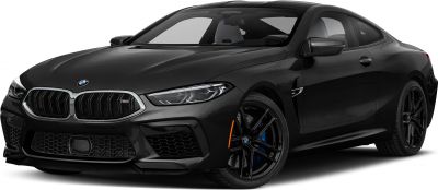 Front view of sleek black luxury coupe with signature grille and modern headlights
