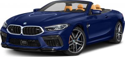 Front view of a convertible with open roof, sporty grille, headlights, and alloy wheels