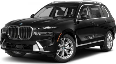 Front side view of a black luxury SUV with kidney grille and LED headlights