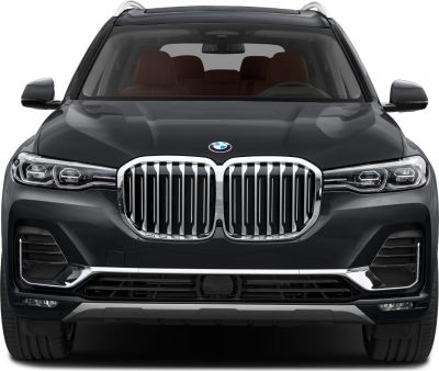 Front view showing large kidney grille and LED headlights
