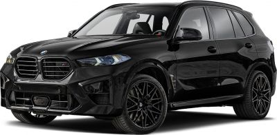 Front side view of black SUV with aggressive grille and sleek headlights