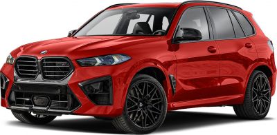 Red sporty SUV with black kidney grille and black alloy wheels