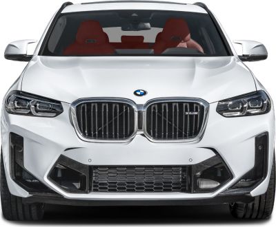 Front view with bold kidney grille, sporty headlamps, and red interior seats.