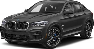 Front 3-4 view of matte black BMW X4 M with kidney grille and sporty alloy wheels