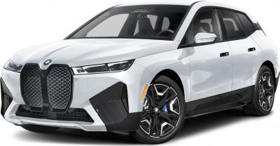 Large geometric front grille and sleek LED headlights on electric SUV