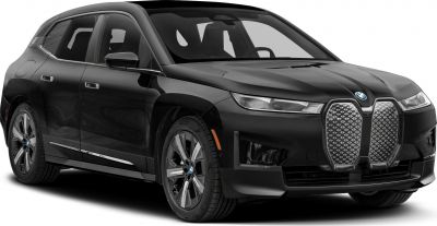 Front and side view of a sleek luxury electric SUV with large grille and detailed alloy wheels