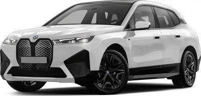 Front view of electric SUV featuring kidney grille and LED headlights