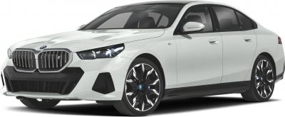 White electric sedan front and side view with distinctive grille and intricate alloy wheels