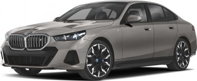 Front view of a modern sedan with kidney grille and alloy wheels