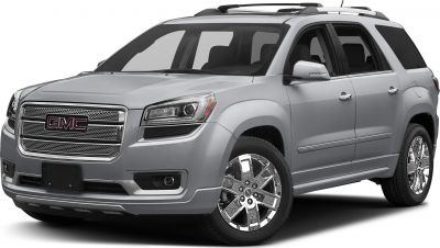 Front and side view of a silver large SUV with chrome wheels and roof rails