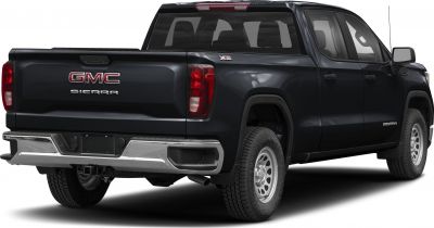 Rear side view of black pickup truck with crew cab and standard box