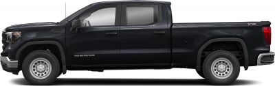 Side profile of a crew cab pickup truck with standard box and steel wheels