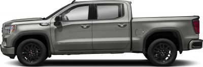 Side profile of crew cab long box pickup with black wheels