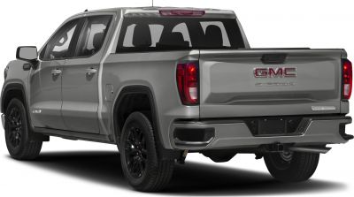 Pickup truck rear-side view with tailgate and black wheels
