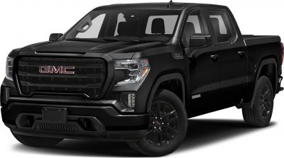 Front perspective of black pickup with prominent grille and headlights
