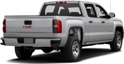 Rear-side view of a double cab pickup truck with tailgate and taillights