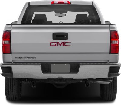 Rear view of pickup truck with tailgate, tail lights, and hitch