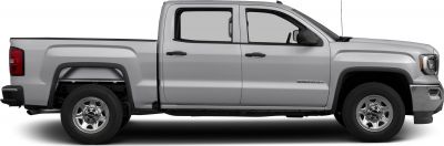 Side profile of a regular cab pickup truck with standard box and wheels