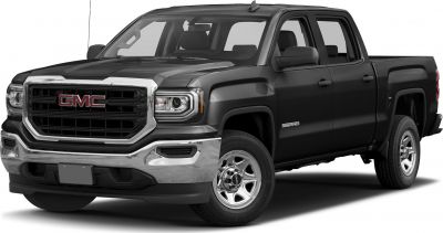Black pickup truck front-side view with chrome grille and regular cab