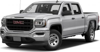 Front-side view of pickup with chrome grille and standard cargo bed